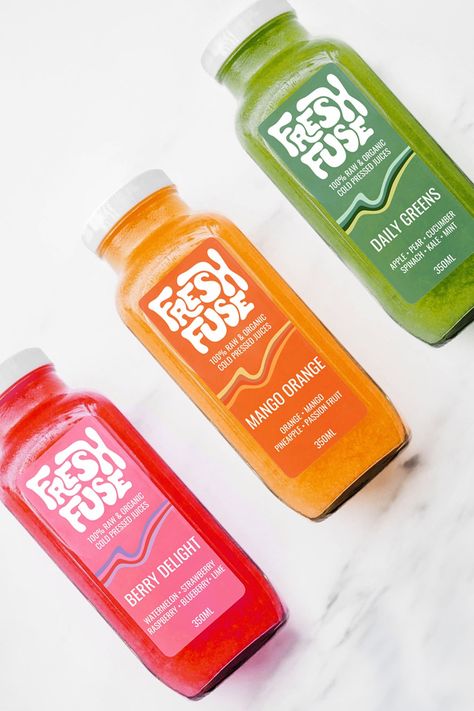 Packaging design for a fresh juice brand with a fun and bold brand identity. Fruit Juice Brands, Fruit Juice Packaging, Fresh Logo Design, Graphic Designer Studio, Juice Logo, Tea Labels, Juice Branding, Fruit Packaging, Juice Packaging