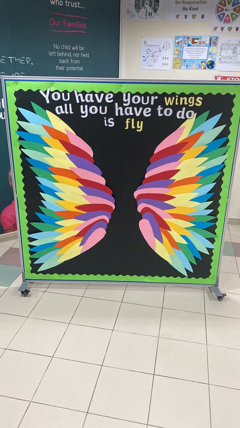 First Day of school photo. Wings - ‘You have your wings, all you have to do is fly’. Eagles Classroom Decor, First Day Of Preschool Decorations, Farewell Decorations, First Day Of School Photo, Preschool Decor, School Displays, School Photo, Feather Crafts, Photo Corners