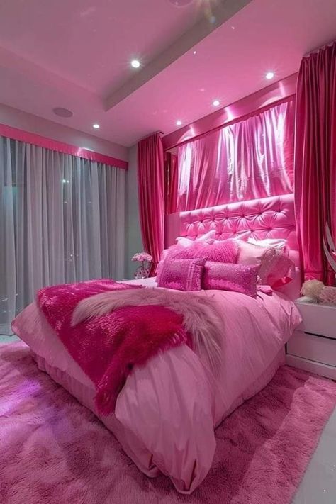 Mcbling Room, Hot Pink Bedroom, Hot Pink Room, Hot Pink Bedrooms, Beautiful Dorm Room, Barbie Bedroom, Women Bedroom, Monochromatic Room, Gold Bedroom Decor