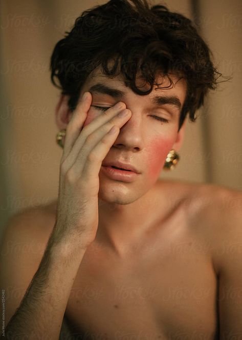 Queer Studio Photography, Face Palm Pose Reference, Face Palm Reference, Queer Photoshoot Ideas, Queer Portrait Photography, Queer Portrait, Ice Breaking Games, Queer Photoshoot, Guy With Curly Hair