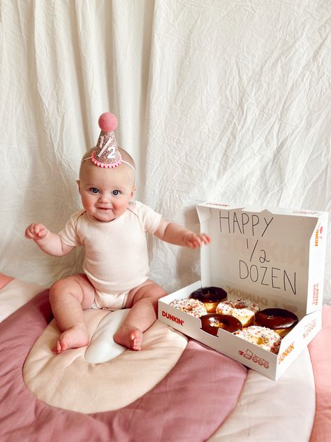 Half Birthday Donut Photoshoot, Donut Half Birthday Party, In N Out Baby Photoshoot, Half Dozen Donut Photoshoot, Half Birthday Girl Ideas, Half Way To One Girl Theme, Half Dozen Baby Photoshoot, 6 Month Birthday Theme, Donut Half Birthday Pictures