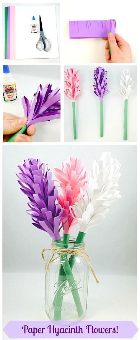 Easy Paper Hyacinth Flowers! Three materials needed for this fun Spring craft project: construction paper, scissors, and glue! We recommend our Sunworks Groundwood Construction Paper (PE1253) - it folds, scores, and curls just like more expensive brands! ขวดโหล Mason Jar, Paper Hyacinth, Bilik Perempuan, Hyacinth Flowers, Construction Paper Crafts, Diy Flores, Fleurs Diy, Seni Origami, Easy Paper Crafts