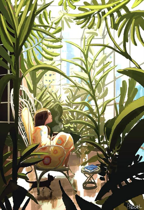 블로그 디자인, Pascal Campion, Figurative Kunst, Postcard Design, Green House, Plant Illustration, The Window, 그림 그리기, Aesthetic Art