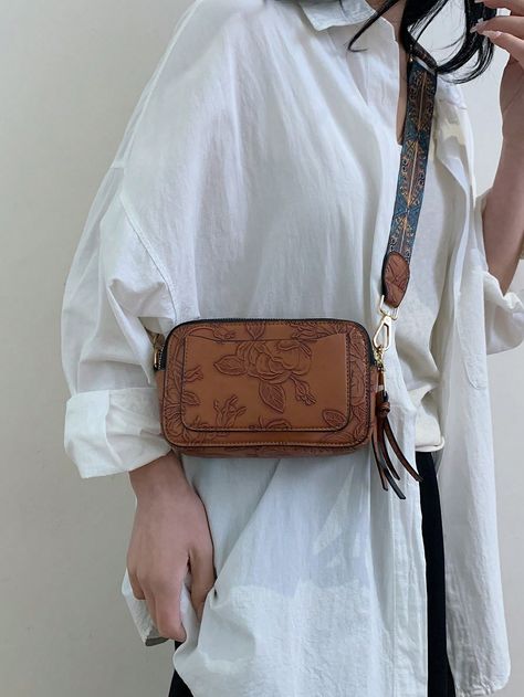 Brown Vintage,Fashionable Collar  PU Leather All Over Print Square Bag Embellished   Women Bags Embroidered Shoulder Bag, Vintage Bohemian Style, Printed Handbags, Embroidered Bag, Vintage Modern, Printed Bags, Bag Bag, Vintage Bohemian, Bird In Bag