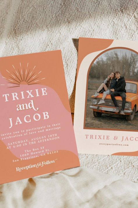 TRIXIE Retro Arched Photo Boho Groovy Wedding Invitation Wedding Invitation Photo, Groovy Wedding, Orange And Pink Wedding, Boho Wedding Invitation Template, Funky Wedding, Retro Wedding Invitations, Wedding Orange, Invitation Photo, Rustic Boho Wedding