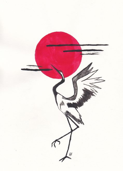 "An elegant crane stretches its neck towards the sky, haloed by a red moon. This is the original copy of our \"Crane Print\" painted by a member of our shop. This item takes 1-2 to ship and an additional 3-5 to arrive." Crane Watercolor Paintings, Sandhill Crane Illustration, Simple Crane Drawing, Cranes Drawing, Crane Aesthetic, Crane Silhouette, Crane Watercolor, Crane Painting, Revolution Design