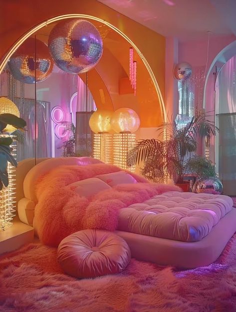 Futuristic Room Aesthetic, Barbie Interior Design, Disco Room Decor, Y2k Interior Design, Y2k Interior, Alice In Wonderland Door, Vaporwave Room, Colorful Room Decor, Dreamy Decor