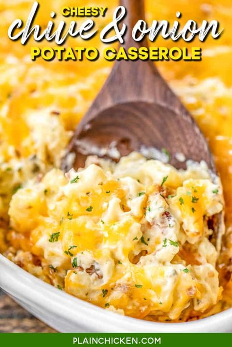 Cheesy Onion and Chive Potato Casserole - Plain Chicken Frozen Hash Browns, Onion Casserole, Cheesy Potato Casserole, Frozen Potatoes, Quick Side Dishes, Cheesy Potato, Plain Chicken, Potato Side Dishes, Cheesy Potatoes