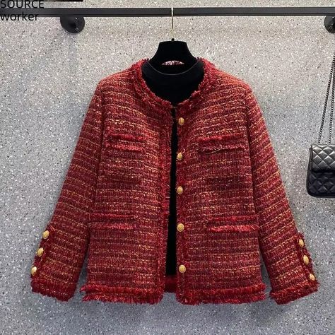 Autumn Tweed Style Jacket Women's Age-reducing Vintage Red Coarse Tweed Top Stylish Socialite Style Outerwear - AliExpress 200000345 Fall Winter Runway, Red Tweed Jacket, Tweed Jacket Women, Vintage Tweed Jacket, Winter Runway, Socialite Style, Womens Tweed Jacket, Tweed Top, Elegant Jacket