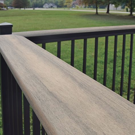 Our Compass aluminum deck railing system adds a contemporary edge to any deck design with rustproof construction and modern lines. Featuring Connex strips and a powder-coating which exceeds industry standard. Compass Series aluminum deck railing system offers secure connections and durability for sophisticated strength. MoistureShield Compass 8-ft x 2-in x 34-in Matte Black Aluminum Deck Stair Rail Kit | 73054988 Deck Lighting Ideas Railing, Deck Railing Bar Top, Black Deck Stain, Exterior Updates, Deck Stair Railing, Deck Railing Systems, Aluminum Railing Deck, Deck Railing Ideas, Deck Railing Design