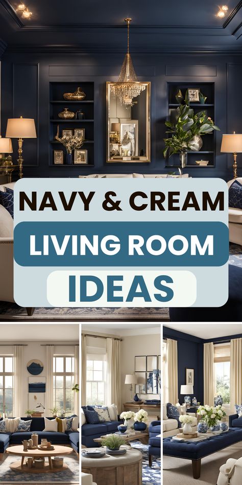 Are you looking for navy and cream living room ideas to make your home a beautiful and cozy place? The deep navy color and the warm cream color work perfectly together. These colors combine to create a pleasant and calm atmosphere, whether you like a modern or classic style. Blue And White Living Room Farmhouse, Navy And Cream Living Room, Khaki Living Room, Cream Living Room Ideas, Cream Living Room, Calm Atmosphere, Cream Living Rooms, Perfect Living Room, Cozy Place