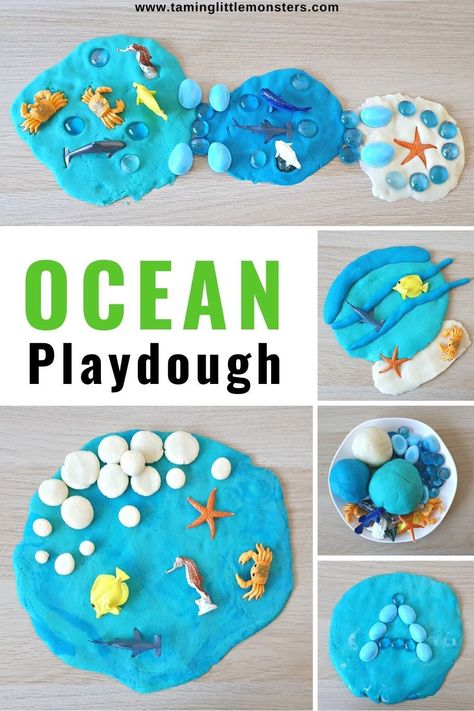 Ocean Playdough - invitation to play for kids. A fun sensory and fine motor activity for toddlers and preschoolers to try this summer. #summer #sensory #finemotor #toddler #preschool #kindergarten Summer Crafts For Infants, Ocean Playdough, Simple Summer Crafts, Playdough Invitation, Crafts For Infants, Summer Sensory, Sea Activities, Fine Motor Activities For Kids, Playdough Activities