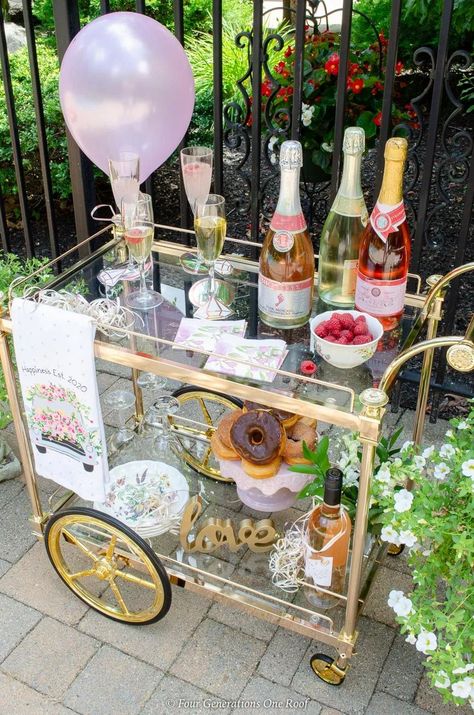 Bar Cart Bridal Shower on a budget + How to make a champagne station on a bar cart Backyard Bridal Shower Ideas, Champagne Station, Fun Easter Decorations, Backyard Bridal Showers, Snack Station, Bridal Shower Wine, Bar Cart Styling, Easter Table Settings, Bar Cart Decor