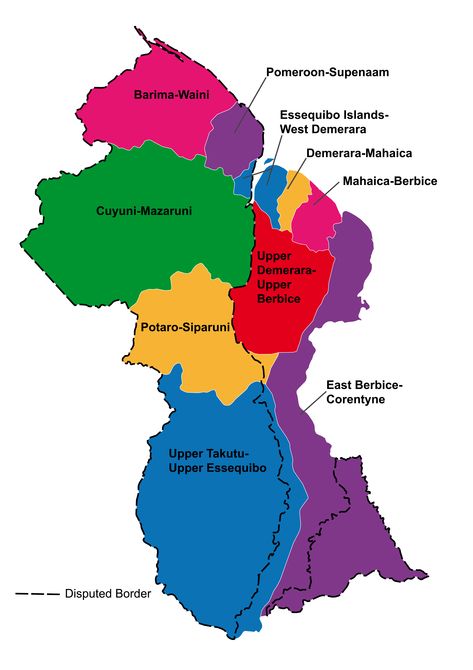 Map of Guyana - Guyana Official Map - Show the World Guyana - Barima-Waini, Pomeroon-Supenaam,Essequibo Islands-West Demerara, Demerara-Mahaica, Mahaica-Berbice, East Berbice-Corentyne, Cuyuni-Mazaruni, Potaro-Siparuni, Upper Demerara-Berbice,Upper Takutu-Upper Essequibo  -Tigri Area - Cornatijn River - Guayana Esequiba, Guayana Esequiba, Tigri Area, Upper Courentyne, Corentyne, Border with Suriname, Border with Venezuela, Disputed Areas, Disputed Borders, Guianas Guyana Tattoo, Guyana Map, School Worksheets, Teaching Aids, Learning Activities, South America, Sofia, Tattoo Ideas, Coloring Pages