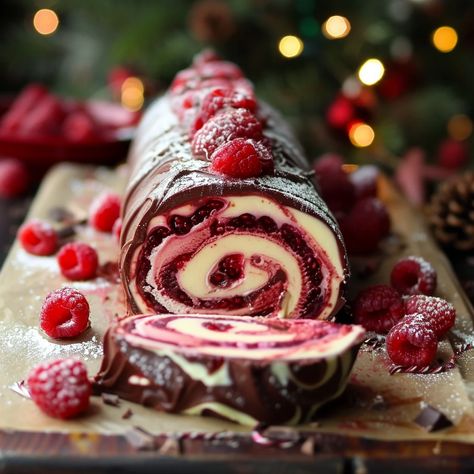 Raspberry Chocolate Yule Log Recipe | Festive Dessert Chocolate Yule Log Recipe, Yule Log Cake Recipe, Yule Log Recipe, Christmas Yule Log, Chocolate Yule Log, Yule Log Cake, Cake Roll Recipes, Raspberry Chocolate, Festive Desserts