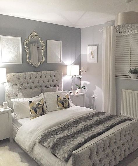 I love that headboard and the color of the room not the faux fur blanket though!! Grey Bedroom Design, Silver Bedroom, Wall Decorating, Dekorasi Kamar Tidur, Grey Bedroom, Bilik Tidur, Hus Inspiration, Trendy Bedroom, Gray Bedroom