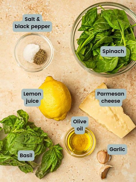 Pesto Recipe With Spinach, Spinach And Basil Pesto, Pesto For Pasta, Pesto With No Nuts Recipe, Basil Spinach Pesto, Spinach Basil Pesto Pasta, Pesto Sauce Without Pine Nuts Recipe, Pesto Recipe Without Nuts Or Seeds, Pesto Recipe No Nuts Easy