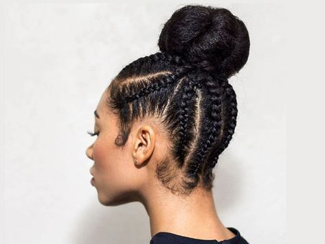 8 Gym Hairstyles That Could Withstand Even The Toughest Workouts Cornrow Braid Styles, Twist Cornrows, Cornrow Ponytail, Top Knot Bun, Knot Bun, Gym Hairstyles, Workout Hairstyles, Jhene Aiko, Sports Hairstyles