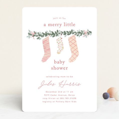 "merry little stockings" - Baby Shower Invitations in Cranberry by Rebecca Durflinger. Sugar Plum Baby Shower Ideas, Girl Christmas Baby Shower Ideas, Christmas Girl Baby Shower Ideas, Christmas Theme Baby Shower Ideas Girl, A Merry Little Baby Shower Theme, Christmas Baby Shower Ideas For A Girl, Pink Christmas Baby Shower Ideas, Fairy Baby Showers, Holiday Baby Shower