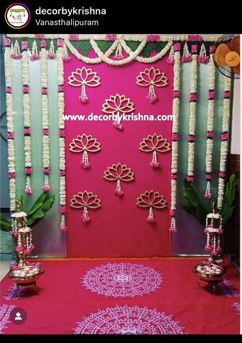 Durga Devi Decoration Ideas, Godhuma Rai Decoration, Indian Backdrop Decoration, Pelli Kuturu Decoration At Home, Pelli Kuturu Decoration, Pellikuturu Decoration At Home, Valaikappu Decoration Ideas, Puja Backdrop Decor, Lotus Backdrop Decoration