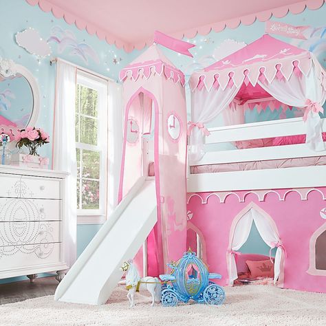 Disney Princess Fairytale White Twin Step Loft Bed with Slide and Tower - Rooms To Go#MinimalistKidsRoom #LoftBedsForKids #ColorfulKidsRoomDecor #BedroomIdeasForBoys Princess Kids Room, Barbie Room Decor, Disney Princess Bedroom, Girly Pink Bedroom, Loft Bed With Slide, Girls Loft Bed, Disney Princess Room, White Loft Bed, Princess Bedrooms