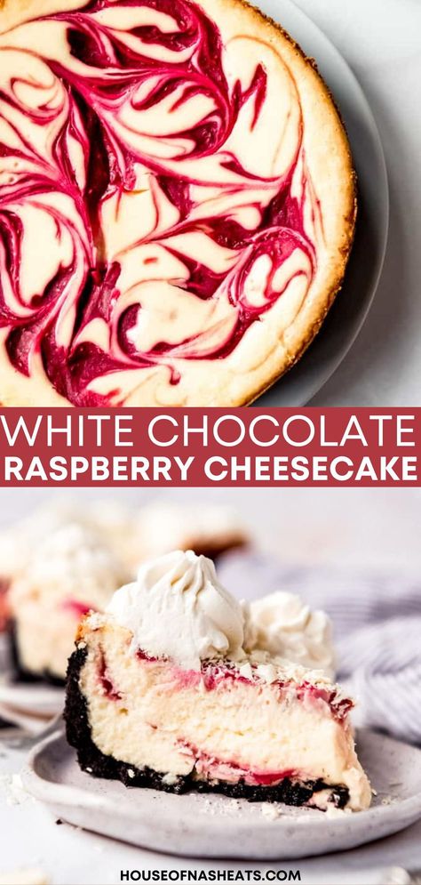 White Chocolate Cheesecake Recipes, Cheesecake Factory Copycat, Raspberry Swirl Cheesecake, Best White Chocolate, White Chocolate Raspberry Cheesecake, Swirl Cheesecake, Chocolate Raspberry Cheesecake, Spring Dessert, Chocolate Cheesecake Recipes