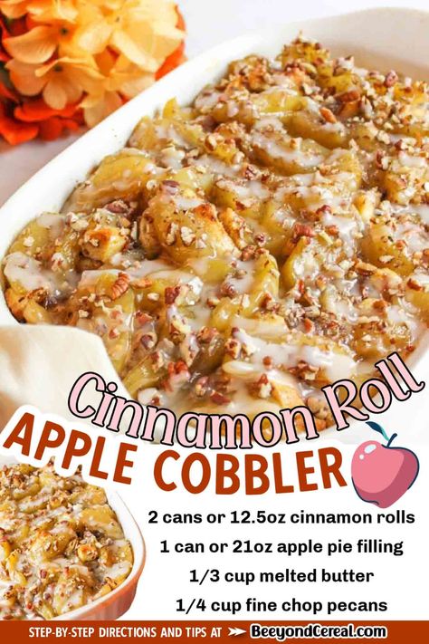 This cinnamon roll apple cobbler only needs 4 ingredients to make it. It's the perfect addition to breakfast or dessert this fall and very quick to throw together too. You're going to love this fall-flavored treat. Dessert With Cinnamon Rolls, Cinnamon Roll Apple Cobbler, Apple Cinnamon Roll Bake, Pillsbury Cinnamon Roll Recipes, Steak With Garlic Butter, Cinnamon Roll Desserts, Cinnamon Roll Apple Pie, Cinnamon Roll Casserole, Cinnamon Roll Bake