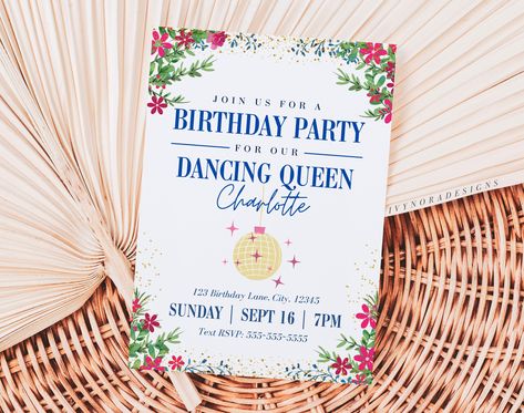 Dancing Queen Birthday Party Invitation Editable Download - Etsy Portugal Dancing Queen 30th Birthday, Mamma Mia Themed Party Invitations, Dancing Queen Birthday Invitations, Dancing Queen Invitation, Dancing Queen Birthday Theme, Mamma Mia Birthday Invitations, Mamma Mia Party Invitations, Dancing Queen Birthday Party, Mamma Mia Invitation