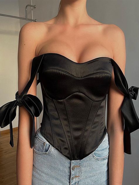 Elegant Satin Bow Tie Corset Top for Women Summer 2024  Sleeveless Backless Club Party Sexy Crop Y2K Geometric Clothing, Strappy Crop Top, Backless Crop Top, Corset Crop Top, Summer Black, Fish Bone, Chic Vintage, Lace Tank Top, A Word