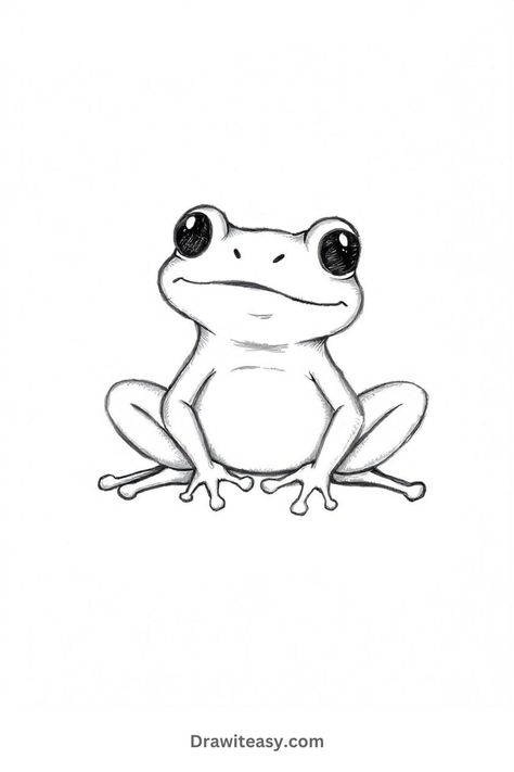 A simple black and white drawing of a frog sitting with wide, round eyes and a calm expression, showcasing a minimalist style with clean lines. Cartoon Frog Tattoo Ideas, Cute Easy Frog Drawing, Cute Frog Outline, Cute Eyes Drawing Cartoon, Frog Sketch Easy, Frog In Forest, Easy Traceable Drawings, Frog Drawing Simple, Frog Cartoon Drawing