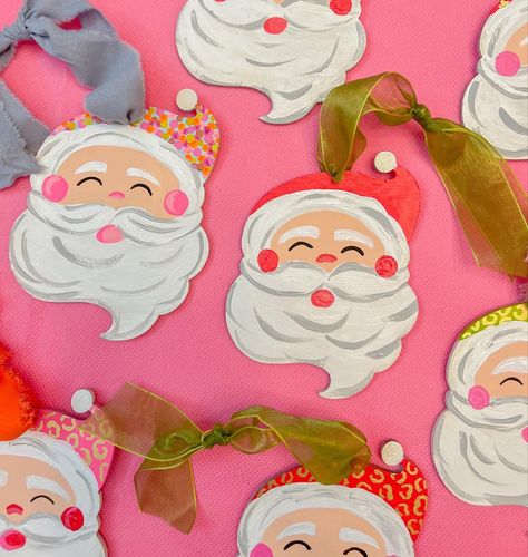 Santa Pics, Girl Goals, Stocking Tags, Blue Desk, Pink Ornament, Ornament Exchange, Painted Christmas Ornaments, Painted Ornaments, Watercolor Christmas