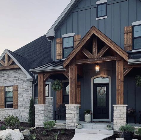 Exterior House Color, Cabin Exterior, Farmhouse Inspiration, Exterior Makeover, Modern Farmhouse Exterior, Wood Accent, Black House Exterior, Modern Farmhouse Plans, Farmhouse Exterior