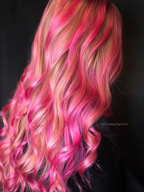 Hot Pink Blonde Hair, Hot Pink Balayage Blonde, Hot Pink Highlights In Blonde Hair, Hot Pink And Blonde Hair, Barbie Highlights, Barbie Pink Hair, Neapolitan Hair, Fuschia Hair, Pink Hair Streaks