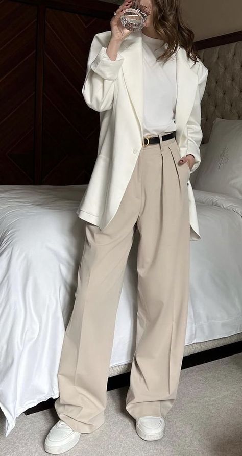 Trousers, Beige Pants, A Woman, Bed, Pants, White