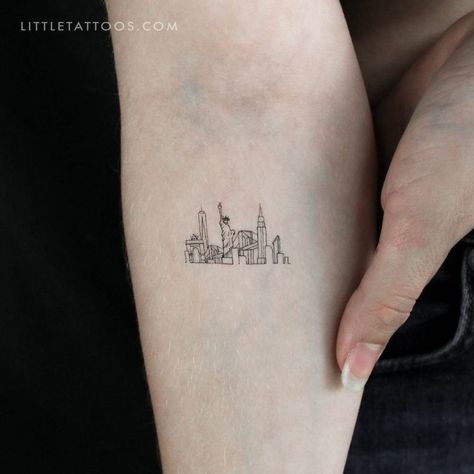 Small fine line NYC skyline temporary tattoo located on Nyc Tattoo Ideas New York City, New York City Skyline Tattoo, Ny Tattoo Ideas, Ny Tattoo Ideas New York, Ny Skyline Tattoo, New York Tattoo Ideas, Nyc Tattoo Ideas, United States Culture, New York City Tattoo