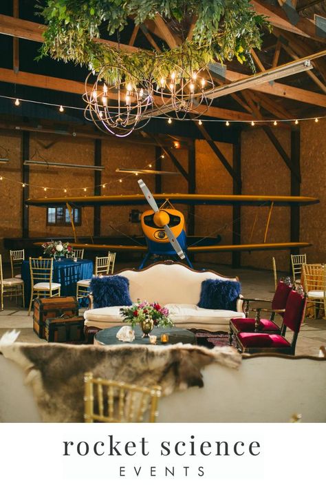 Airplane Hanger Party, Hanger Wedding Reception, Airplane Hanger Wedding, Airplane Hangar Wedding, Hangar Wedding, Airplane Hanger, Airplane Wedding, Aviation Wedding, Science Wedding