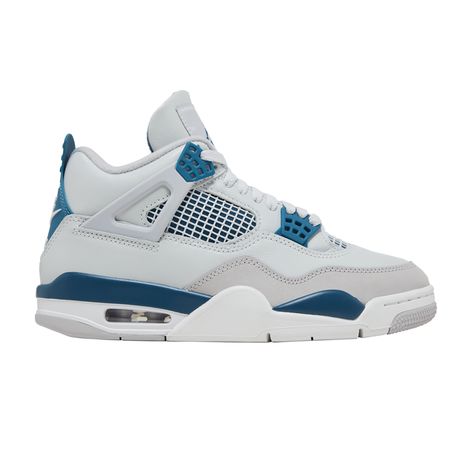 Find JORDAN 4 Retro 'military Blue' 2024 on Editorialist. The 2024 edition of the Air Jordan 4 Retro ‘Military Blue’ also known as 'Industrial Blue' brings back a coveted OG colorway of the legacy silhouette. Smooth off-white leather is utilized on the upper, featuring quarter panel netting and a tonal nubuck forefoot overlay. A vibrant blue Jumpman logo adorns the woven tongue tag, matching the molded eyelets and a back tab marked with Nike Air branding. The sneaker rides on a lightweight polyurethane midsole with encapsulated Air-sole cushioning in the forefoot and a visible Air bag in the heel. Blue Jordan 4’s, Jordan Retro 4 Blue, Jordan 4 Retro Blue, Jordan Air 4 Retro, Blue And White Jordans, Jordan 4 Military Blue, Tenis Retro, Fire Shoes, Jordan 4’s