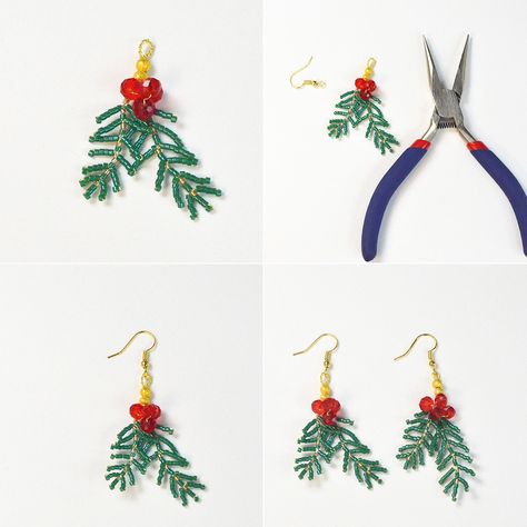 PandaHall Tutorial on Christmas Beaded Earrings- Pandahall.com Beaded Holly Leaves, Patterns For Beaded Earrings, Seed Bead Christmas Earring Patterns, Diy Christmas Earrings Beads, Beaded Holiday Earrings Diy, Diy Earrings Christmas, Seed Bead Patterns Christmas, Beaded Christmas Earrings Patterns, Beaded Winter Earrings