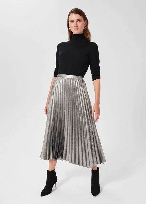 Annabella Pleated Skirt | Silver Pleated Skirt, Metallic Pleated Skirt, Embellished Sweater, Hobbs London, Embellished Sweaters, Skirt Outfit, Pleated Midi Skirt, Knitwear Women, Skirt Outfits