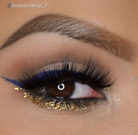 Luv it! Navy Blue Makeup, Navy Makeup, Navy Eyeliner, Cheer Makeup, Quinceanera Makeup, Gold Eyeliner, Gold Makeup Looks, Gold Eye Makeup, Performance Makeup