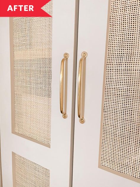 Cane Cabinet Doors Kitchen, Cabinet With Cane Doors, Cane Pantry Door, Caned Cabinet Doors, Wallpaper On Cabinet Doors, Diy Cane Cabinet Door, Cover Glass Cabinet Doors, Cane Cabinet Doors, Cabinets In Laundry Room