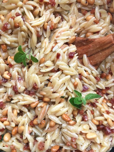 Orzo with Pancetta and Pine Nuts Pine Nuts Pasta, Pine Nut Recipes, Pancetta Pasta, Meal Rotation, Pine Nut, Fine Dining Recipes, Chicago Food, Dinner Side Dishes, Pine Nuts