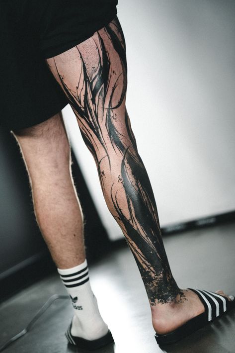 All Black Leg Tattoo | Dark Tattoo | Abstract Leg Tattoo for Men | PIK ARTIST Nico | PIKASS TATTOO Men Full Leg Tattoo, Tattoo Pierna Hombre, Splatter Tattoo, Arm Cover Up Tattoos, Tattoo Special, Back Of Leg Tattoos, Tattoo Abstract, Tattoo Cover Up Ideas, Tattoo Pierna