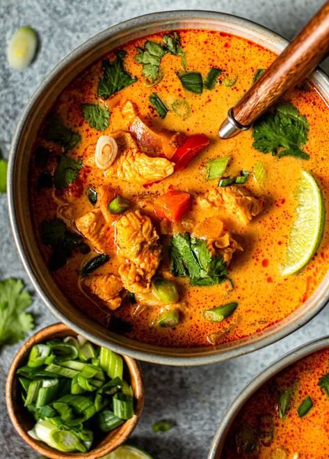 Thai Red Curry Chicken Soup (Whole30, Paleo, Low-Carb) - All the Healthy Things Thai Chicken Curry Soup, Thai Red Curry Soup, Curry Chicken Soup, Thai Red Curry Chicken, Curry Soup Recipes, Chicken Curry Soup, Thai Chicken Curry, Red Curry Chicken, Thai Soup