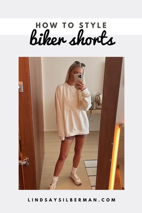 One closet staple that I love to wear on repeat? Biker shorts. Here are a handful of ways to wear biker shorts, regardless of the occasion. Get lots of biker shorts outfit ideas for women in this guide to wearing biker shorts this season. | biker shorts outfit fall | biker shorts outfit summer casual | biker shorts outfit aesthetic | biker shorts outfit fashion | biker shorts outfit women aesthetic | how to wear biker shorts casual | how to style biker shorts casual Fall Biker Shorts Outfit, Biker Shorts Outfit Fashion, Biker Shorts Outfit Fall, Biker Shorts Outfit Aesthetic, Casual Biker Shorts Outfit, Biker Shorts Outfit Summer Casual, Lindsay Silberman, Short Outfit Ideas, Athleisure Outfits For Work