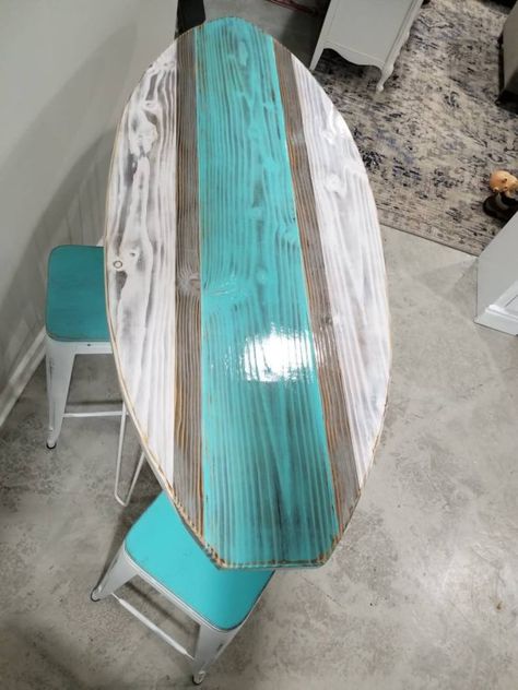 Beachy bar surfboard table and four chairs stools Hawaiian art | Etsy Surfboard Bar, Surfboard Table, Vibey Room, Porch Bar, Surf Room, Beachy Room, Door Signs Diy, Hawaiian Art, Man Cave Home Bar