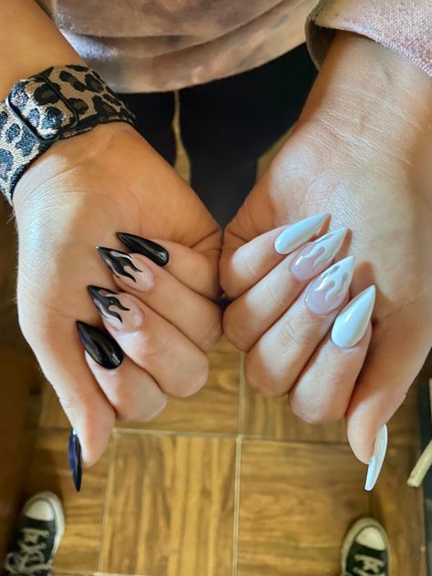 White And Black Flame Nails, Black And White Flame Nails, Black Flame Nails, Yin Yang Nails, Halloween Nails Designs, Nail Art Designs 2023, Halloween Nail Art Designs, Ghost Nails, White Almond Nails