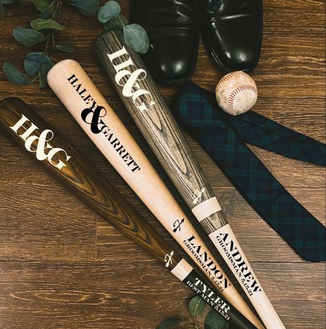 Awesome and unique bridal party gifts. Custom turned wood bats, keep it simple or go all out! Baseball wedding, softball wedding, wedding gifts Fletcher Bats & Goods Ltd. Flower Girl Names, Softball Wedding, Unique Bridal Party Gifts, Baseball Wedding, Wood Bat, Baseball Bats, Softball Bats, Baseball Gifts, Sports Decorations