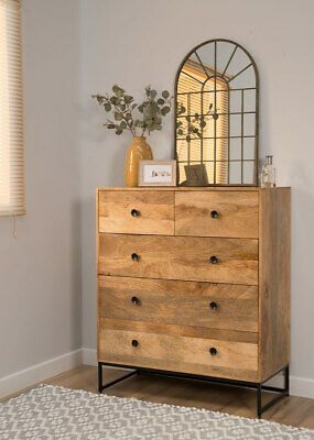 3+2 INDUSTRIAL LIGHT MANGO CHEST OF DRAWERS - CONTEMPORARY BEDROOM FURNITURE  | eBay Wood Furniture Room Ideas, 5 Drawer Chest Of Drawers, Bedroom Drawer Decor, Drawer Ideas Bedroom, Bedroom Chest Of Drawers Decor, Chest Drawer Decor Ideas, Bedroom Drawers Ideas, Interesting Mirrors, Drawer Decor Ideas