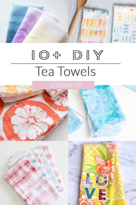 10 DIY Tea Towels You Can Make - Sisters, What! Tea Towels Diy Flour Sacks, Flour Sack Towels Crafts, Diy Tea Towels, Dish Towels Diy, Tea Towels Crafts, Kitchen Towels Diy, Kitchen Towels Crafts, Screen Print Tea Towels, Tea Towels Diy